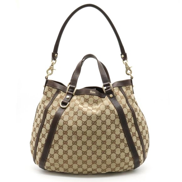 Gucci Handbags - GUCCI GG Canvas Tote Bag Handbag Shoulder Leather Beige Dark Brown 130734
